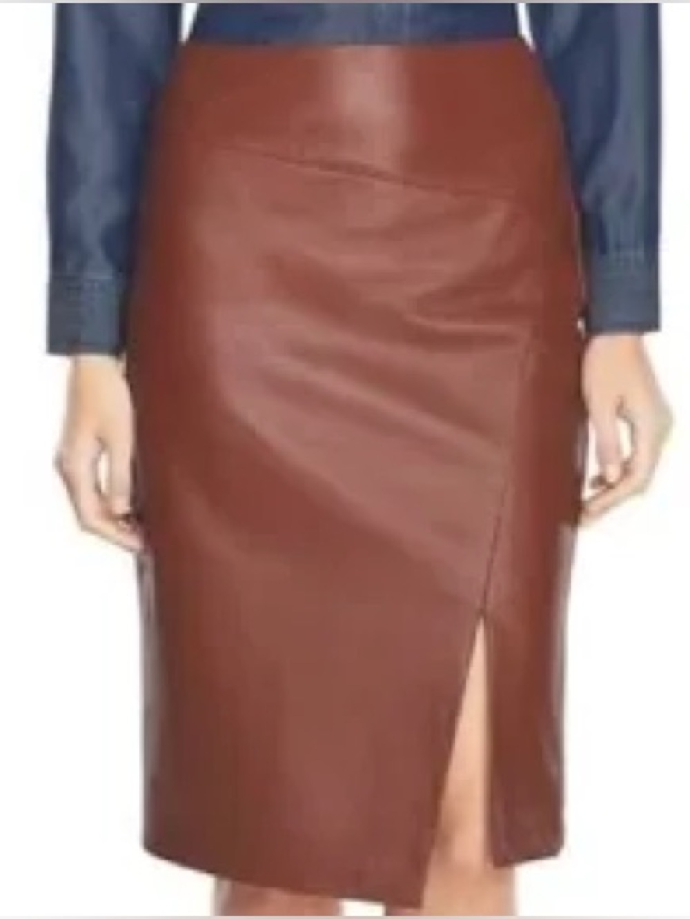 White House Black Market Genuine Leather Pencil Skirt Brown Slit Size 14 XL